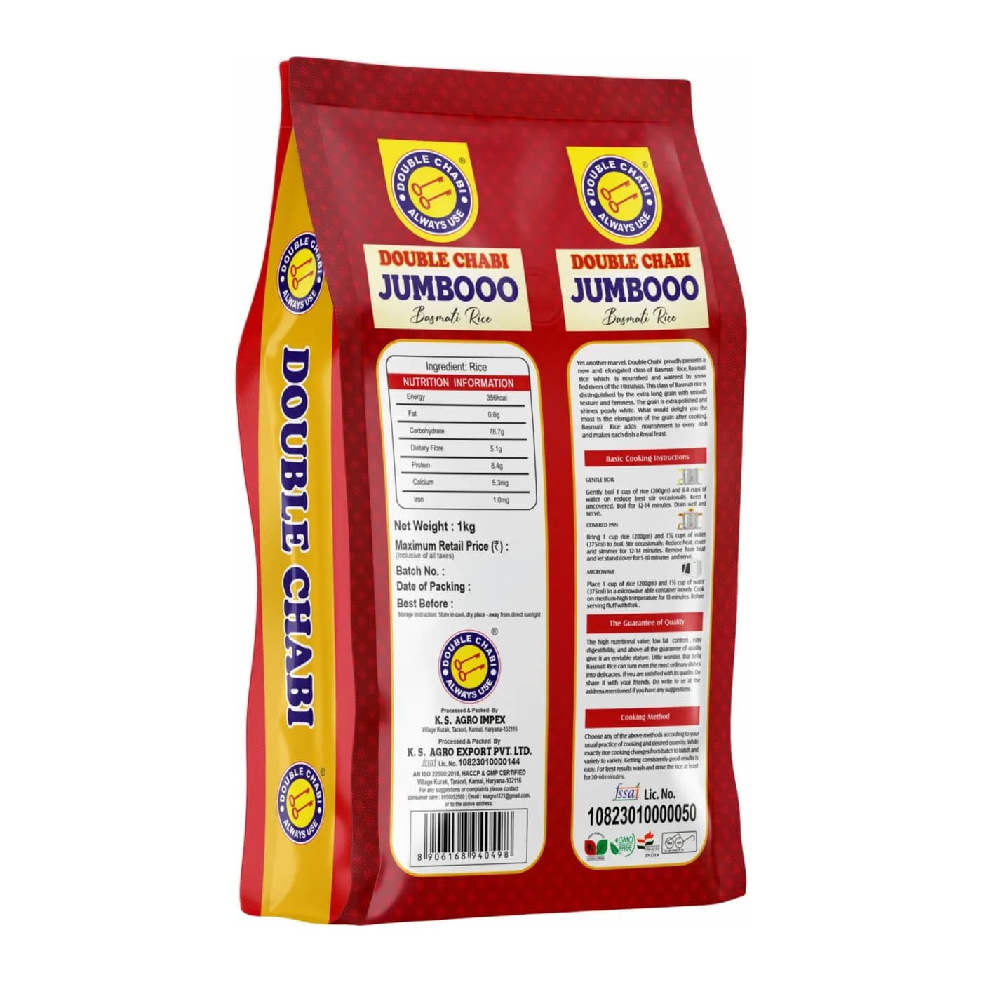 Double Chabi Jumbooo Basmati Rice, 1kg pack, back angle