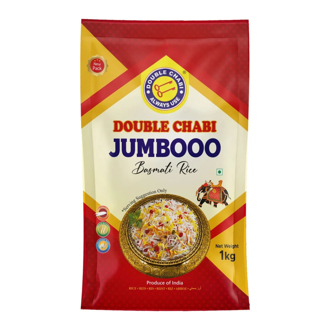 Double Chabi Jumbooo Basmati Rice, 1kg pack, front