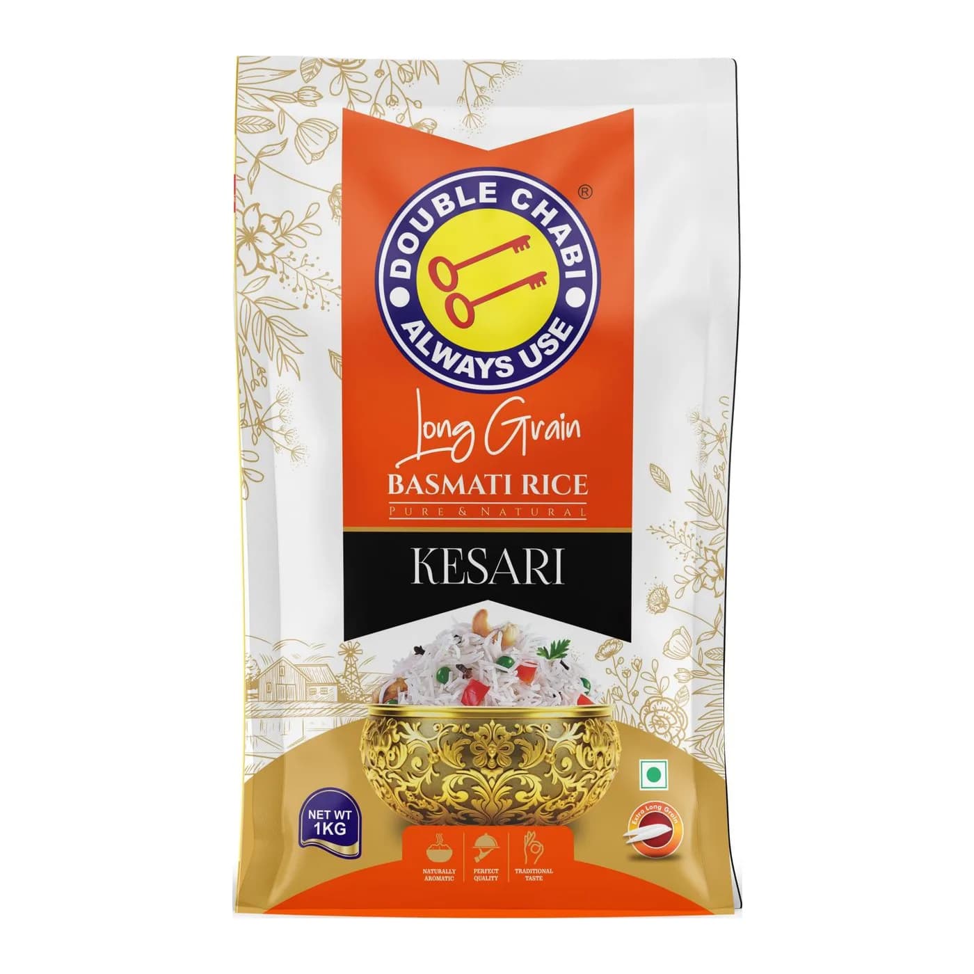 Double Chabi Kesari Long Grain Basmati Rice, 1kg pack, front