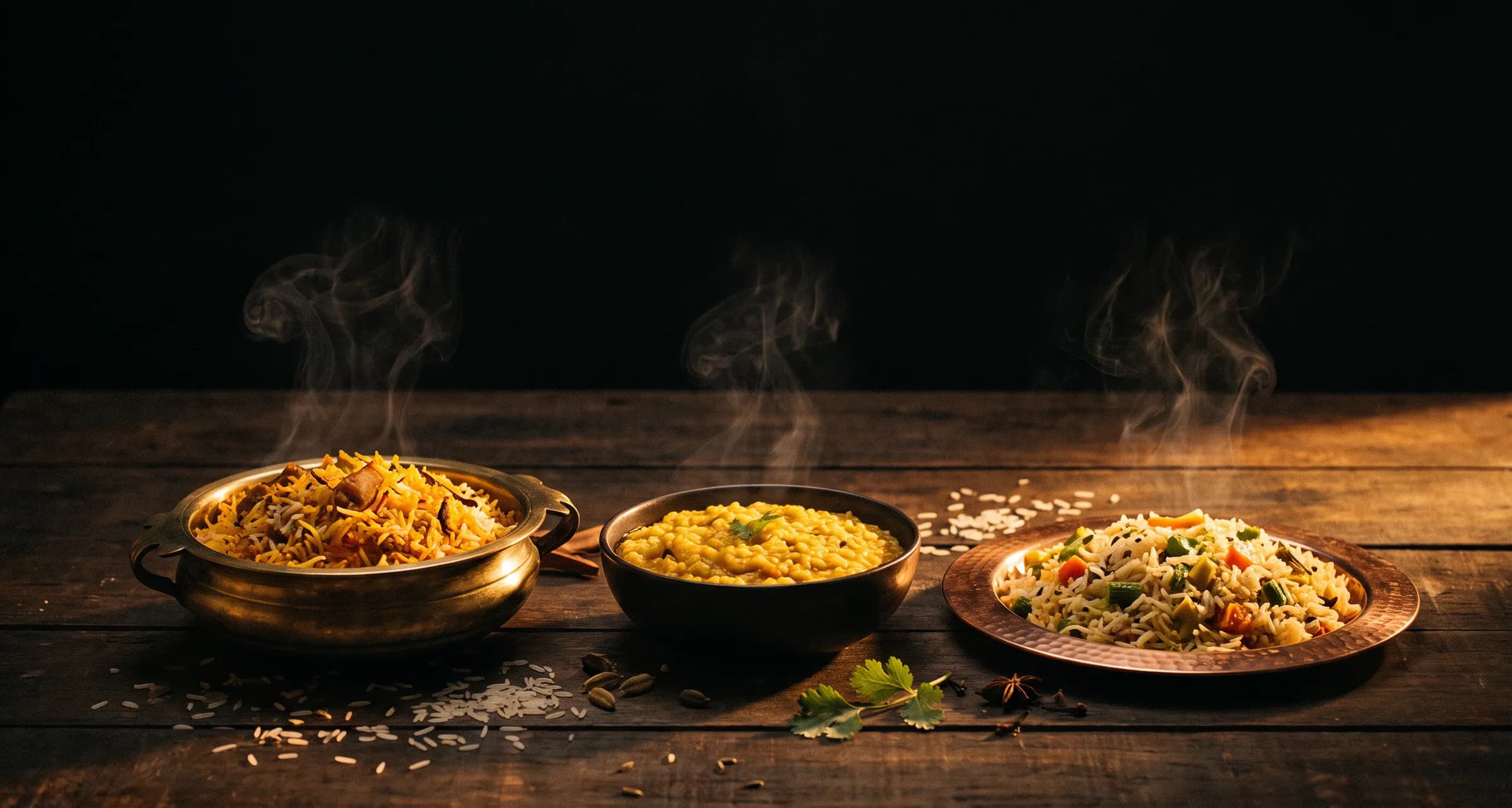 Biryani in a brass handi, khichdi in a dark bowl and vegetable pulao on a copper plate, steaming on a dark wooden table.